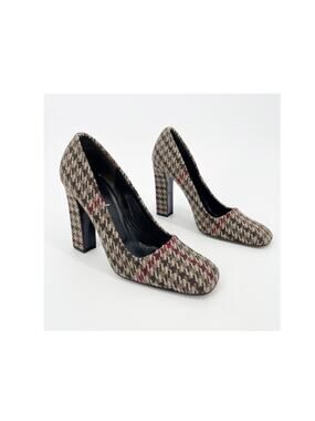 Prada Vintage IT 37 Brown Wool Houndstooth Square Toe Chunky Block Heel Pumps